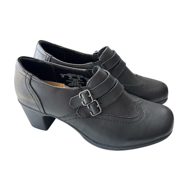 Thom McAn Black Clover Heeled Shoes Size 8.5 W Black Leather Ankle Bootie Buckle - Picture 5 of 9